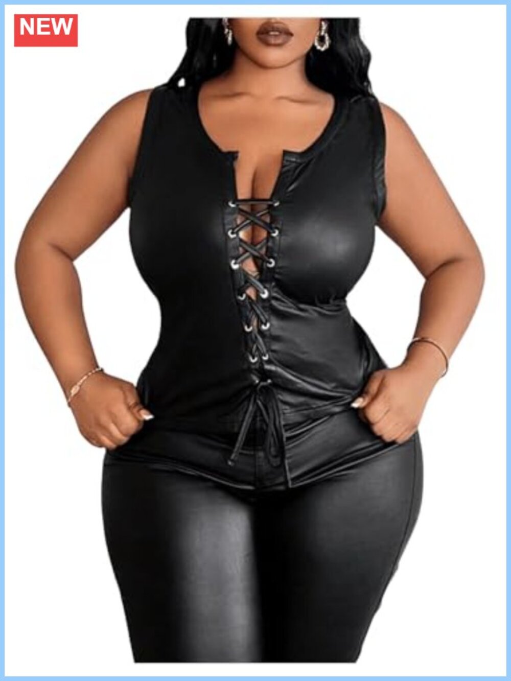 Plus Size PU Leather Sleeveless Lace Up Tank Top Vest Music Festival Rave Wear
